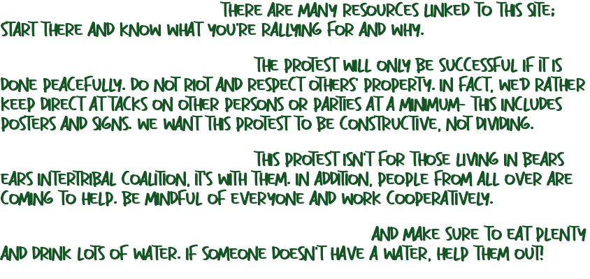 There are many resources linked to this site; start there and know what you're rallying for and why. The protest will only be successful if it is done peacefully. Do not riot and respect others' property. In fact, we'd rather keep direct attacks on other persons or parties at a minimum- this includes posters and signs. We want this protest to be constructive, not dividing. This protest isn't for those living in Bears Ears Intertribal Coalition, it's with them. In addition, people from all over are coming to help. Be mindful of everyone and work cooperatively. and make sure to eat plenty and drink lots of water. If someone doesn't have a water, help them out!