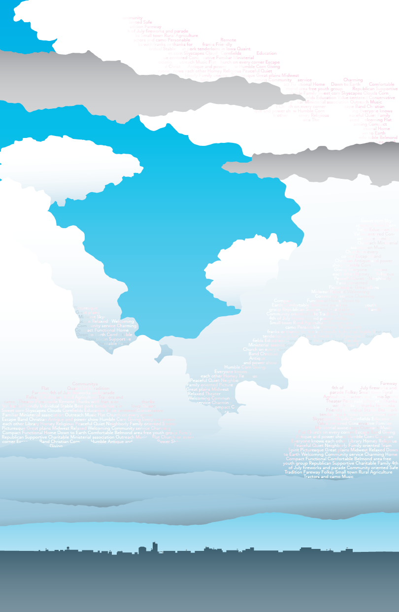 A pile of white clouds in a blue sky. Small pink and gray text fills the clouds, and at the bottom is a small, gray cityscape.