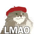 A graphic of a cat wearing a beret and the text "LMAO;" a play on "le meow" sounding like lmao spoken as a word.