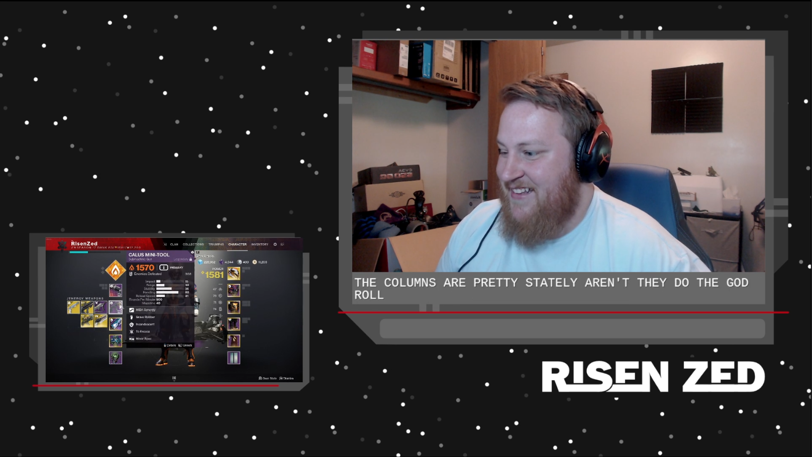 A screenshot of a Twitch stream. A starry background with two floating sci-fi panels, one displaying the game Destiny 2, and the other with Risen Zed smiling and captions below his camera. Below the panels, there is a "Risen Zed" wordmark.