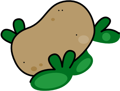 A cartoony potato sitting in some leaves.