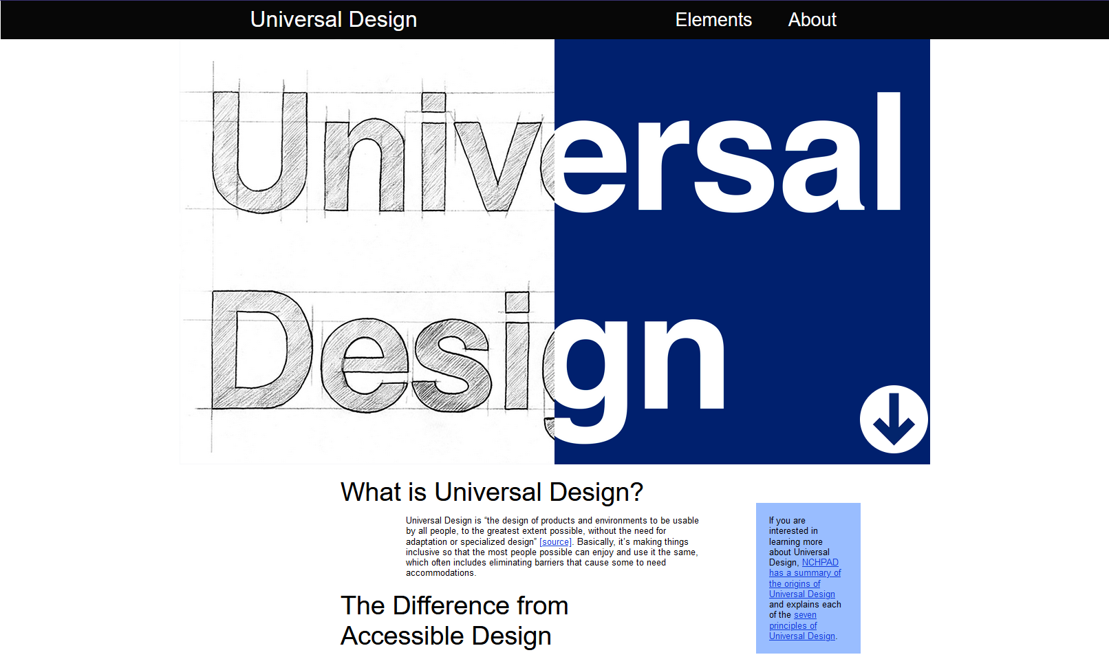 A screenshot of a website that says in large text, "Universal Design." The text is split, half appearing like a sketch, and half presented cleanly on navy. Below it an article starts with the headline, "What is Universal Design?"