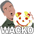 A graphic of Jack O'Neill from Stargate holding a plate with a smiley face in ketchup and mustard with the text, "WACKO"